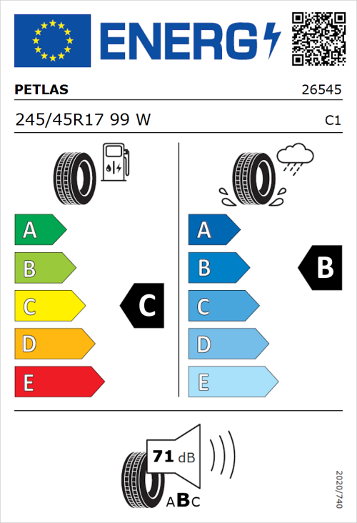 Tyre Label for Petlas Velox Sport PT741 245/45R17 99W