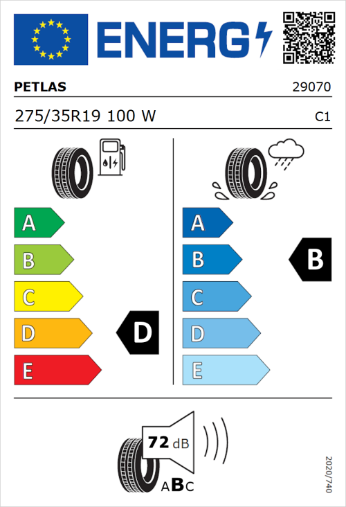 Tyre Label for Petlas Velox Sport PT741 275/35R19 100W