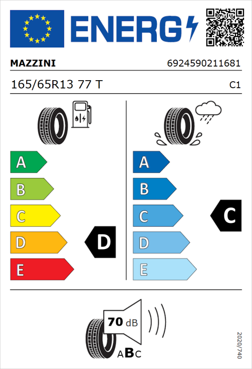 Tyre Label for Mazzini Eco 307 165/65R13 77T